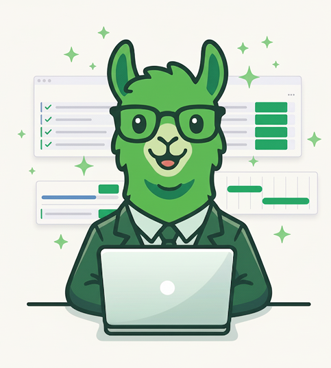 Green Llamas mascot at laptop with monday.com dashboard widgets