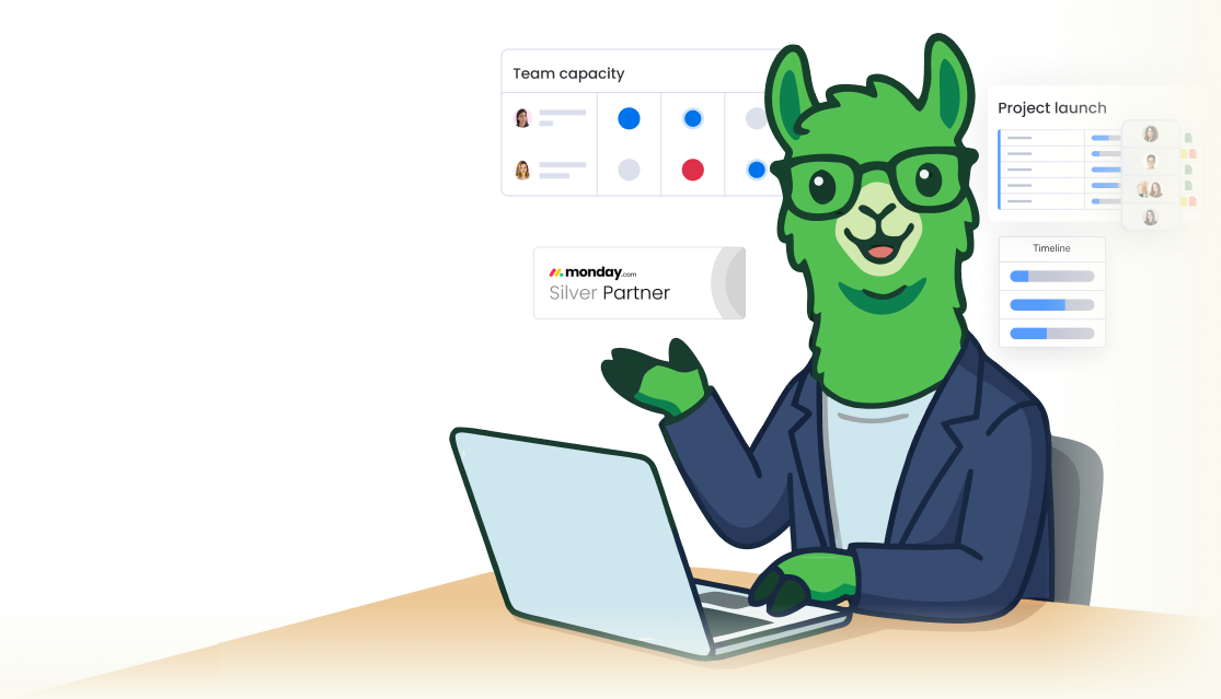 Green Llamas mascot at laptop with monday.com dashboard widgets