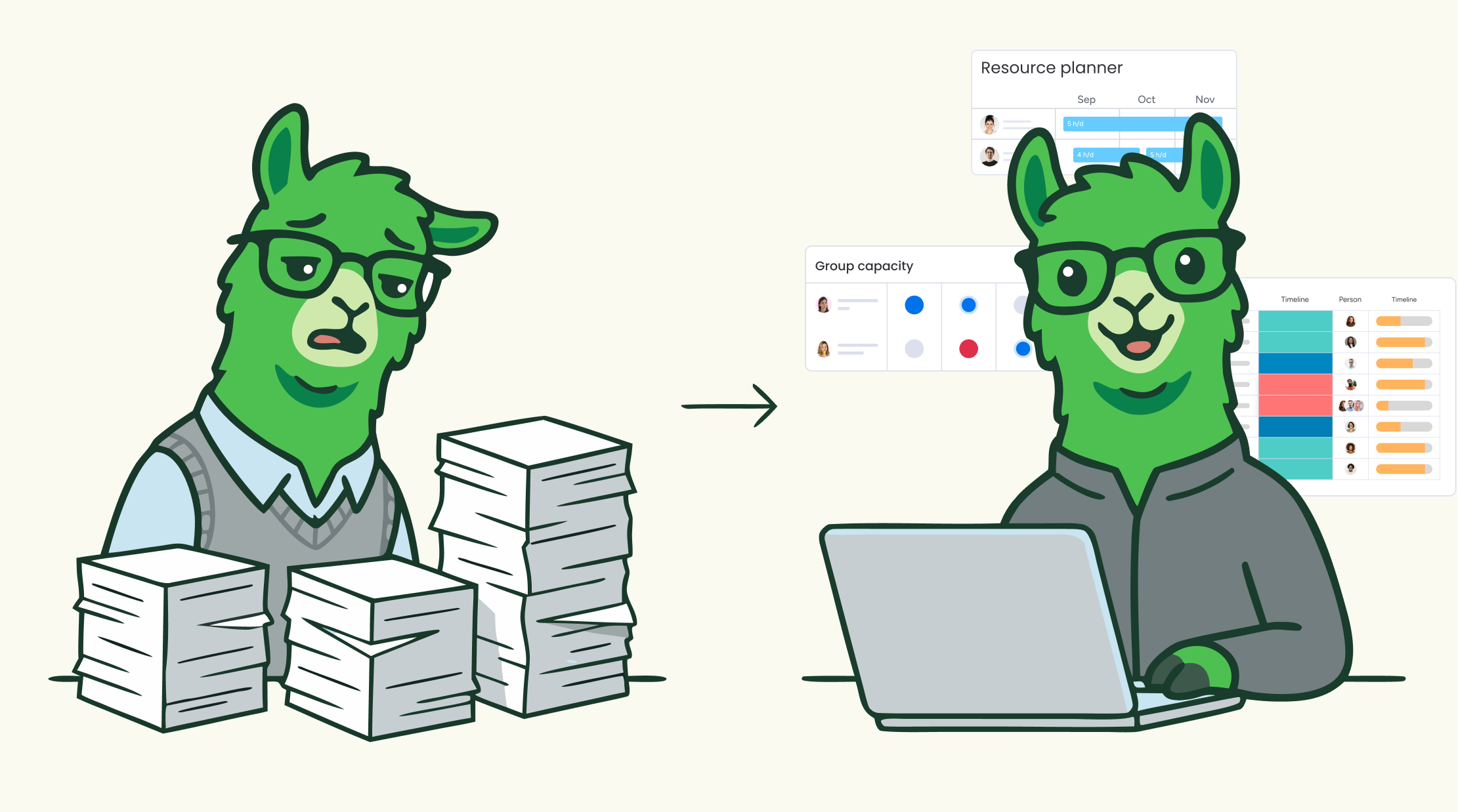 Custom automated workflows and project visibility illustration by Green Llamas